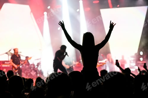 Preview: Concert attendee raising arms in vibrant music festival