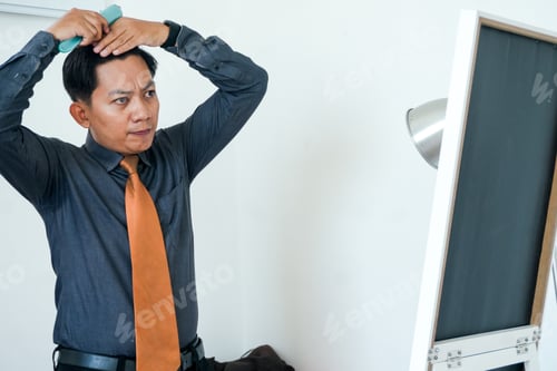 Preview: Focused businessman Tidy Hair With Comb While Getting Ready Before Work