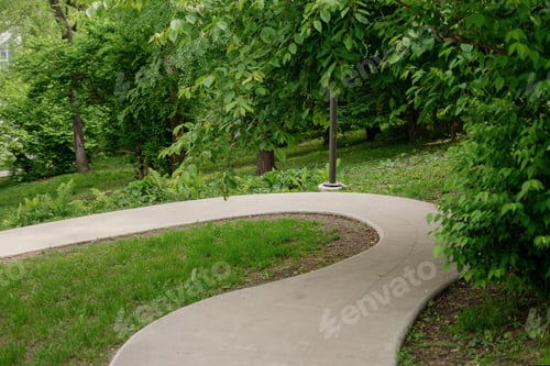 Preview: Winding walking concrete path in a summer park.