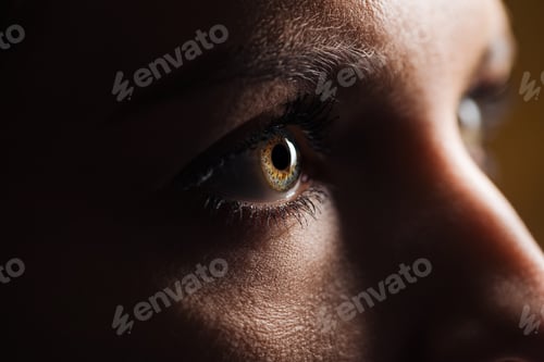 Preview: close up view of adult woman eye with eyelashes and eyebrow looking away in dark