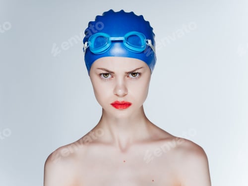 Preview: athletic woman with bare shoulders red lips fitness pool