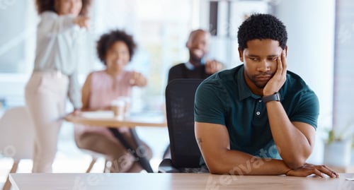 Preview: Workplace bullying, depression and gossip of businessman with anxiety, mental health and pointing e