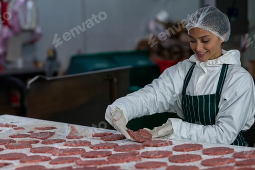 Preview: Female processing operator arranging burger patties on stainless steel table in plant, copy space