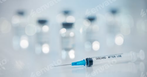 Preview: Covid vaccine needle for botox, medical pharmaceutical drugs or cancer medicine in corona virus res