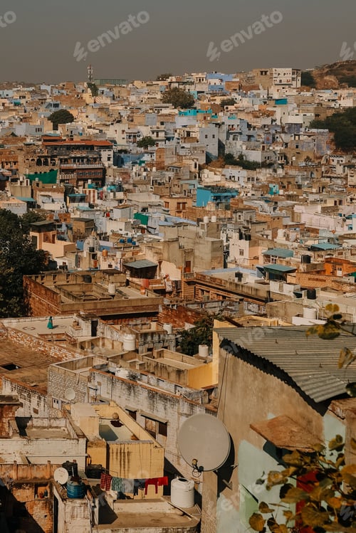 Preview: Aerial view of vibrant Jodhpur buildings.