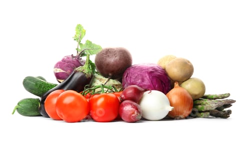 Preview: Heap of fresh ripe vegetables on white background. Organic food