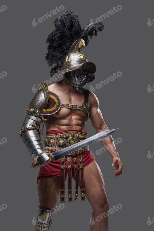 Preview: Roman arena fighter with gladius against grey background
