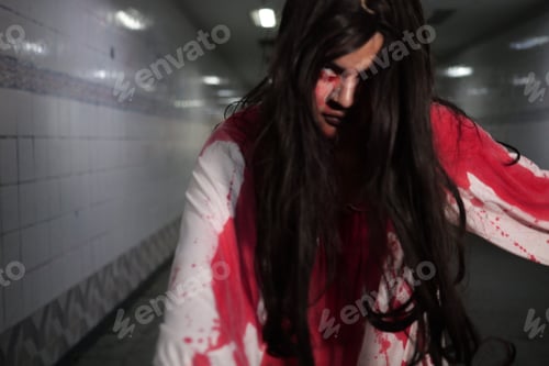 Preview: Scary woman in white dress with bloodstain after murder, Halloween concept