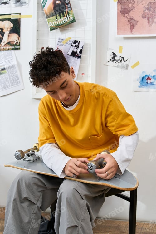 Preview: Creative teenager works on his skateboard while relaxing at home in a stylish room