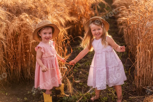 Preview: Two little sisters in straw hats and pink dresses are running around in a wheat field, having fun