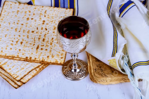 Preview: Commemorating passover with jewish pesach attributes, kosher wine, a matzah flatbread bread