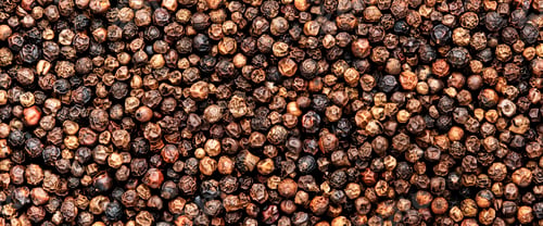 Preview: Black pepper, peppercorns, dry spice, food background texture, top view horizontal banner
