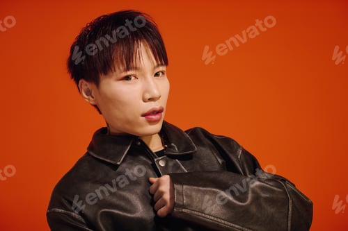 Preview: Handsome stylish asian man posing against a vibrant orange backdrop showcasing modern fashion