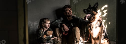 Preview: panoramic shot of man and kid sitting with german shepherd dog, post apocalyptic concept