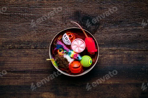 Preview: Pet toys. Many toys and balls for dog and cat on wooden background. Various balls, toy mouse, bones