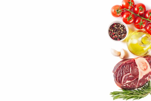 Preview: Fresh meat steak and cooking ingredients isolated on whtie background.