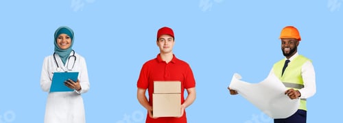 Preview: Collage of smiling workers from different jobs, all wearing their work clothes