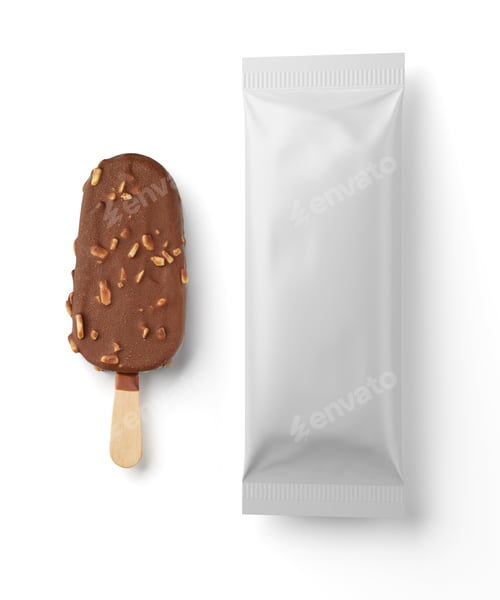 Preview: Chocolate popsicle with nuts and clean package isolated. 3D rendering and photo.