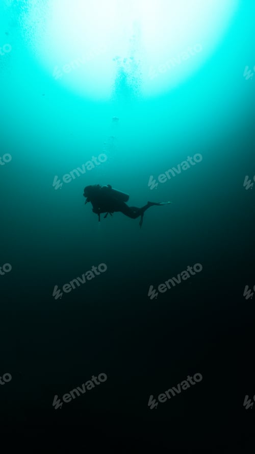 Preview: silhouette of a diver in angelita cenote, unrecognizable person