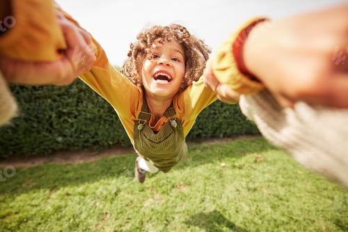 Preview: Child, spin and outdoor in pov, holding hands and happy for game with parent, holiday and backyard.