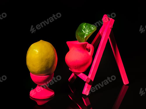 Preview: Composition with lemon at the easel on a black background