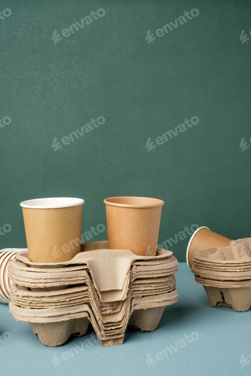Preview: Eco friendly,take away disposable cup kraft paper and tray on green background.food packaging