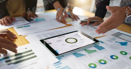 Preview: People, data analysis with tablet and documents, hands with online review in business meeting and t