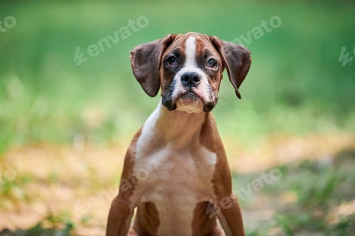 Preview: Boxer dog puppy face close up at outdoor park walking, green grass background