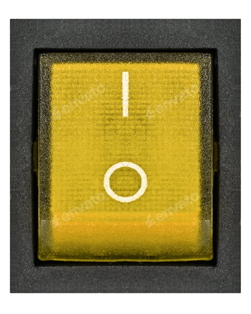 Preview: Yellow power switch, isolated on white background, with clipping path