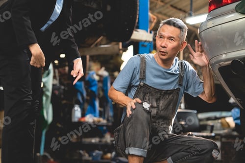 Preview: Asian woman customer talking with professional mechanic worker or workshop owner, client checking