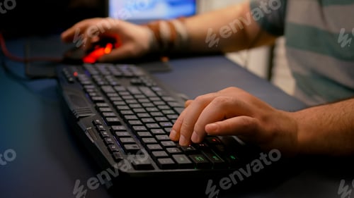 Preview: Close-up of streamer man playing space shooter video game