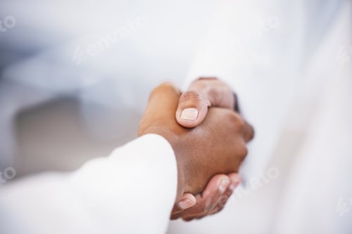 Preview: Doctor, handshake and meeting in thank you for agreement, deal or healthcare at hospital. Medical p