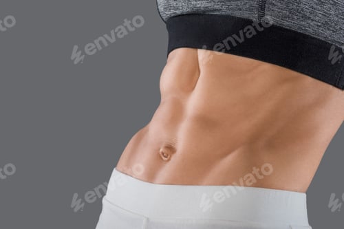 Preview: close-up partial view of beautiful slim female body isolated on grey