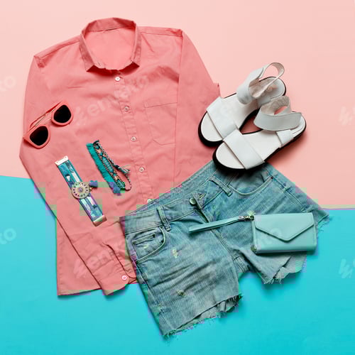 Preview: Stylish clothes. Pink jacket and denim shorts. Minimal. White Sa