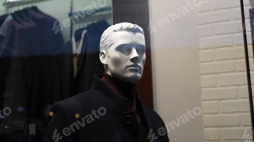 Preview: Male mannequin with a hairstyle in a stylish outerwear in a store, close-up