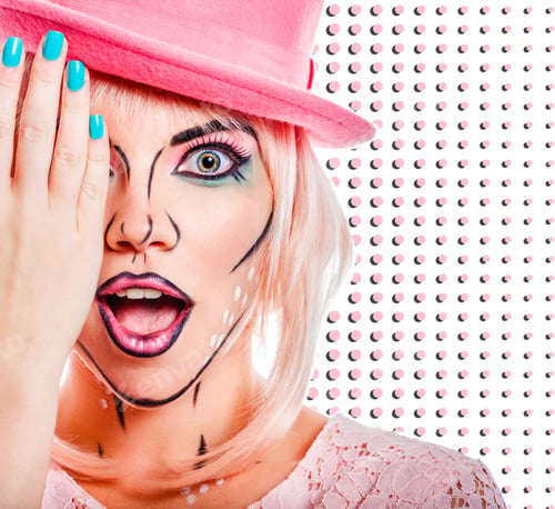 Preview: Girl In Pink Hat. Girl With Creative Makeup In The Style Of Pop Art. Girl Surprised. Girl Hides
