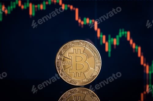 Preview: Concept with bitcoins and falling candle graph.