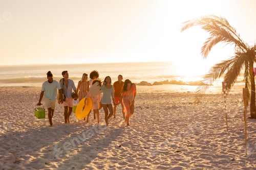 Preview: Mixed race friends group walking on beach