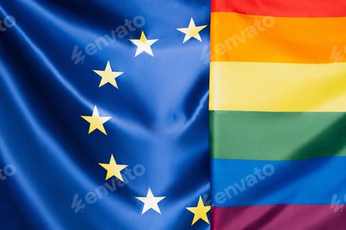 Preview: close up of european union near lgbt flag, equality rights concept