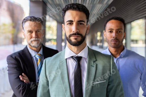 Preview: Successful portrait of corporate team of male colleagues looking at camera