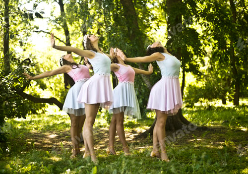 Preview: Four young ballet dancers performing in woods