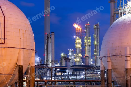 Preview: Gas separation plant at industrial estate under night sky, Industrial gas separation plant.