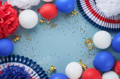 Preview: 4th of July background. USA paper fans, Red, blue, white stars, balloons and gold confetti on blue