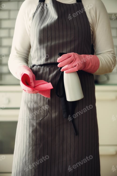 Preview: Woman in pink rubber protective gloves wiping dust and dirty. Cleaning concept, banner, copy space