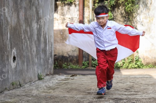Preview: Boy Running with Red and White Flag Outside