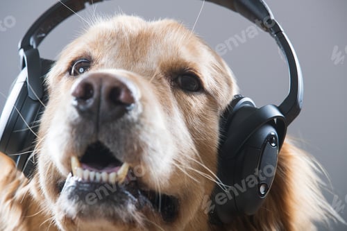Preview: Golden Retriever Dog listening to headphones