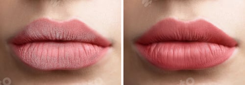 Preview: Collage with photos of woman with dry and moisturized lips, closeup. Banner design