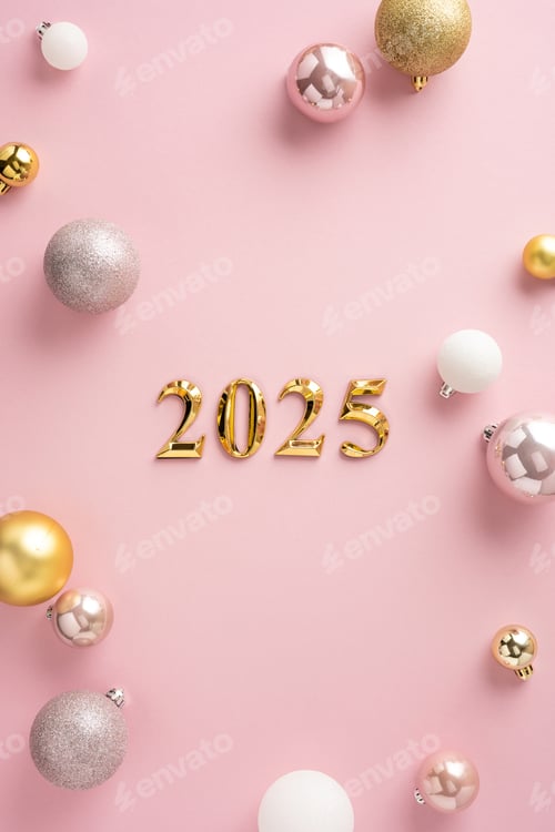 Preview: Golden vertical numbers 2025 surrounded by festive pink and gold Christmas