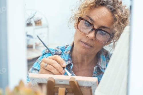 Preview: Concept of art, creativity, hobbies, work and creative occupation. Front view of blond,