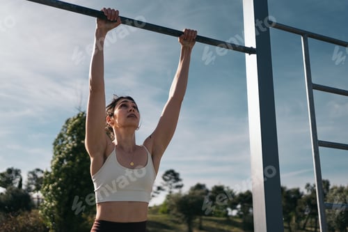 Preview: Determined calisthenic woman performing pull-ups at outdoor fitness park